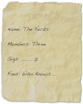 Name: The Fecks

Members: Three

Gigs: ........ 0

Fans: Who Knows....